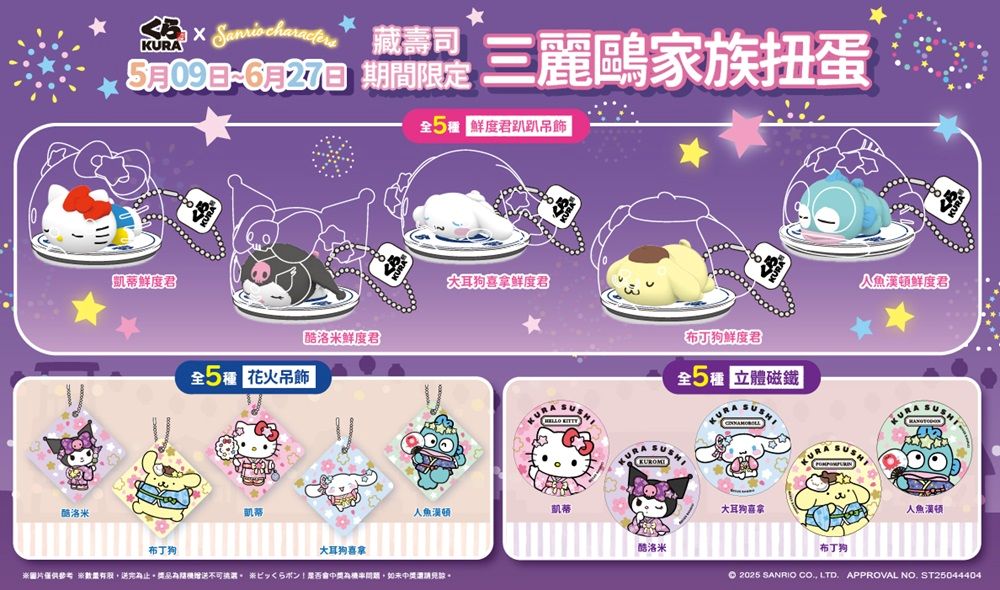 夢幻跨季登場!藏壽司與三麗鷗家族自5月9日起推出春夏限定扭蛋,粉色櫻花與夏日花火浪漫交織,喚起藏友們的少女心!