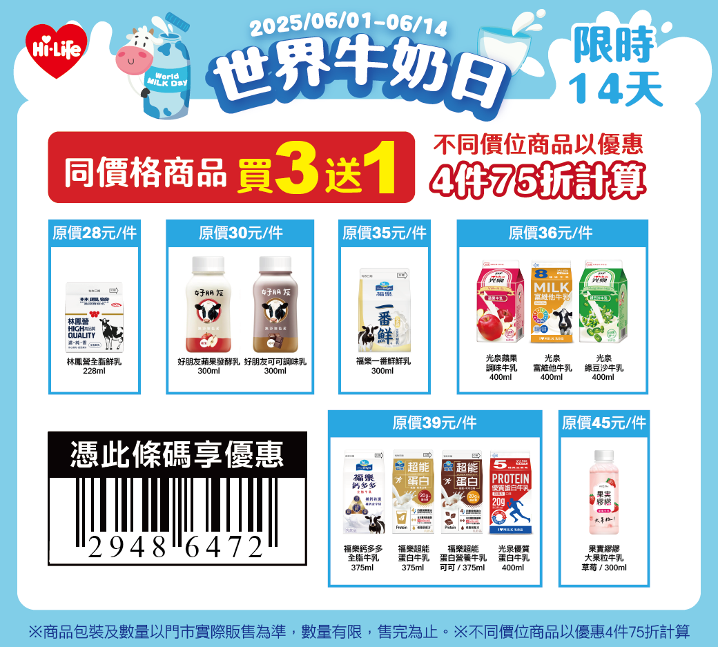 世界牛奶日買3送1.不同價位商品4件75折