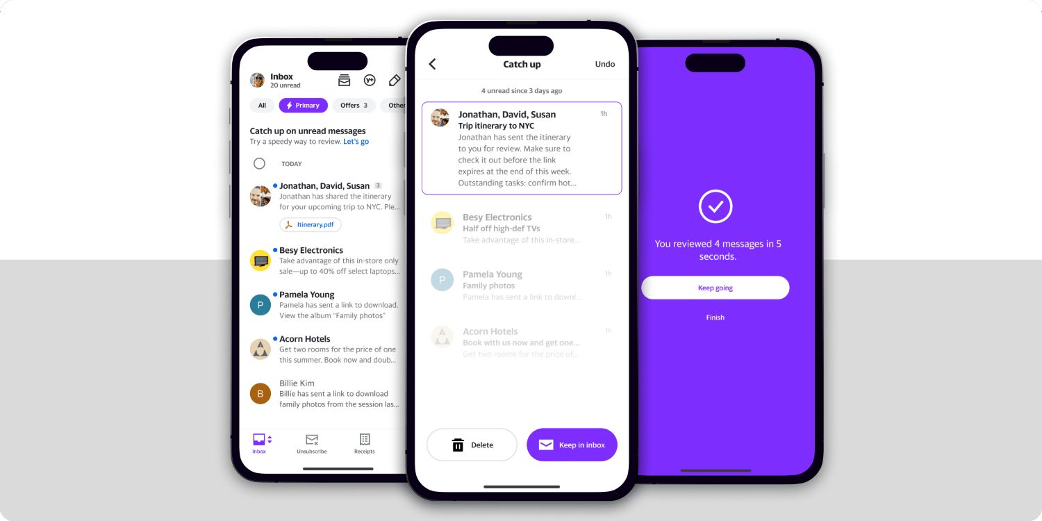 Yahoo電子信箱App在台灣與全球同步推出目前市場上獨一無二由AI驅動的「查看」(Catch Up)新功能