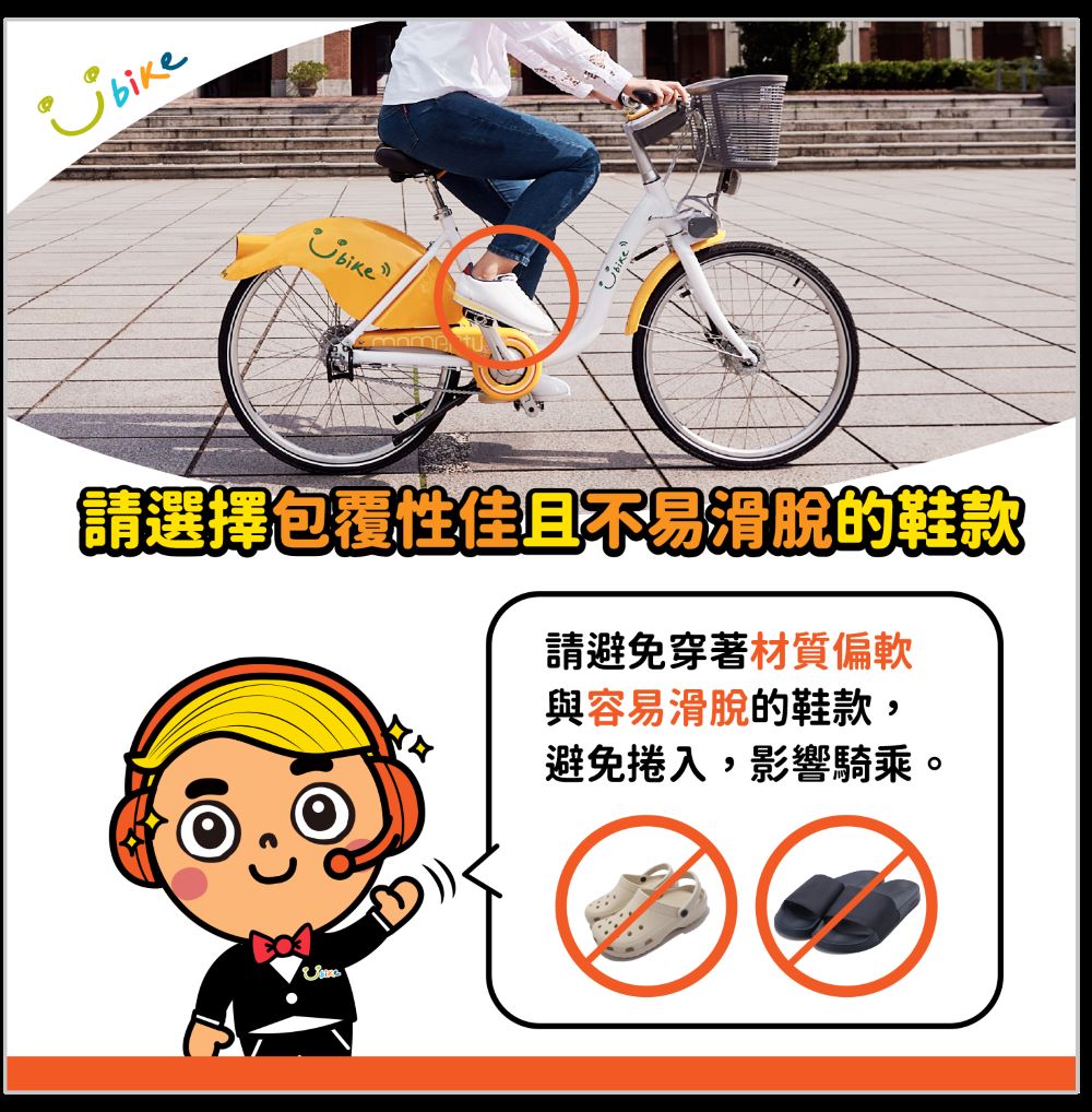 圖3.騎YouBike請選擇包覆性佳且不易滑脫的鞋款