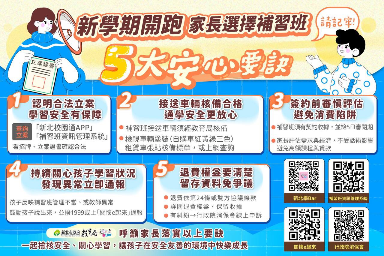 補教學習選立案 新北公布5大安心要訣守護孩子安全學習