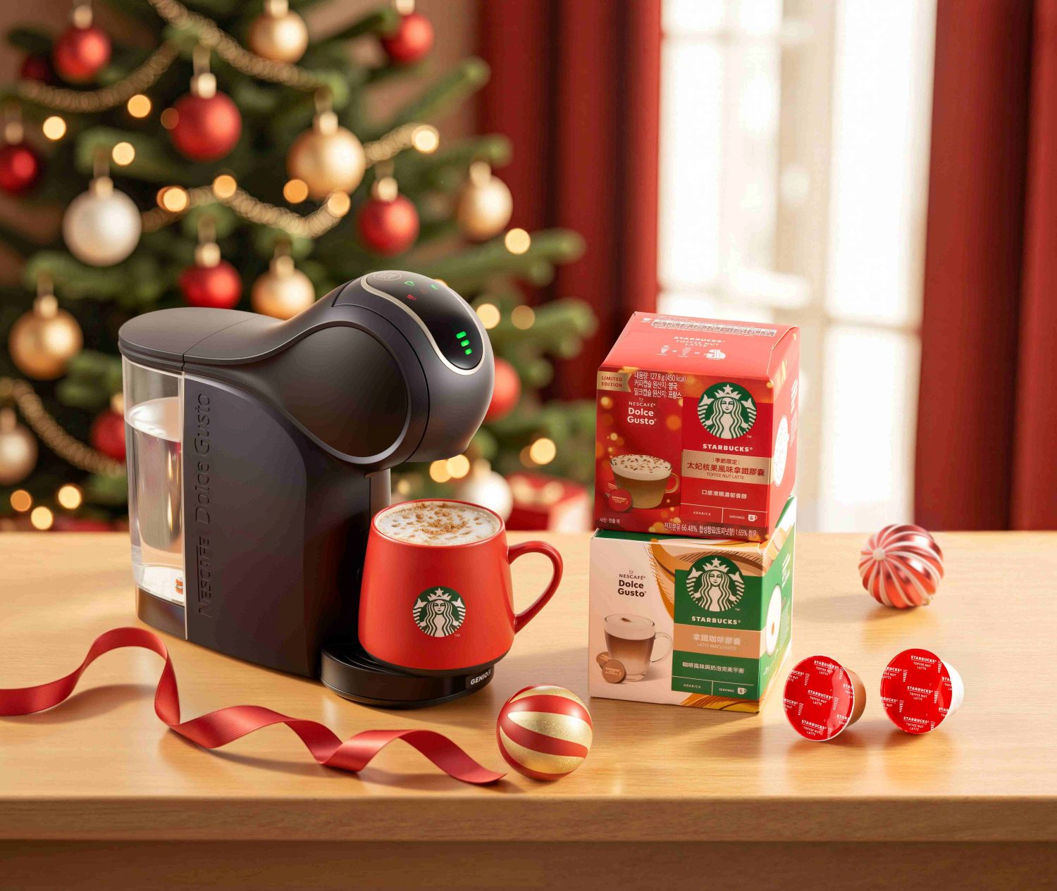 膠囊咖啡機愛用者可挑選「星巴克® Nespresso®節日限定膠囊禮盒」，收錄太妃核果、焦糖、香草與家常咖啡四種膠囊風味，搭配節日馬克杯，一次滿足多樣化風味體驗！