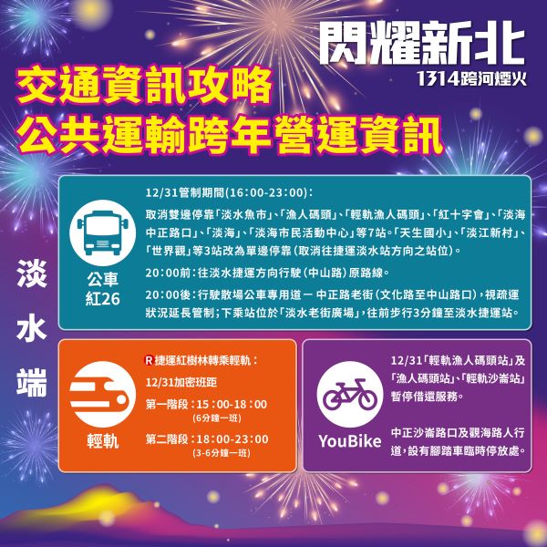 前往淡水星光舞台的民眾，建議搭乘捷運、公車及淡海輕軌，12月31日活動當天，將加密班距並調整部分公車停靠站位。