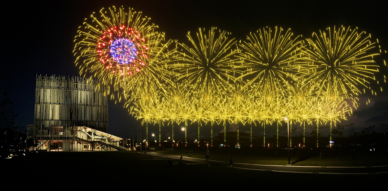 煙火設計以五色柳、牡丹及輪菊等多樣花型交錯綻放(煙火模擬圖)