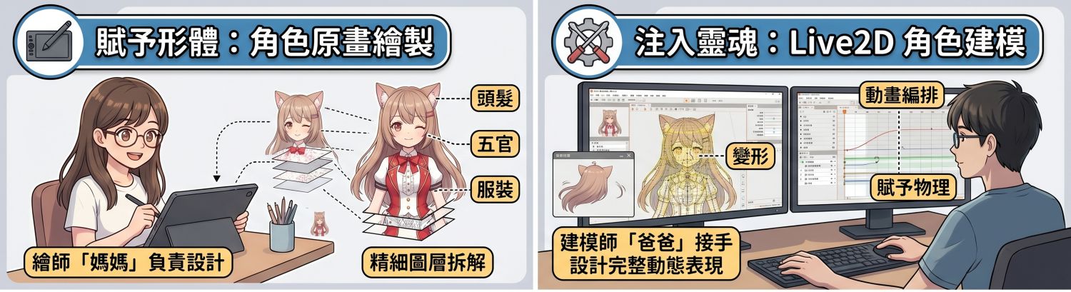 VTuber製作流程｜階段一、階段二。（圖/Gemini生成）