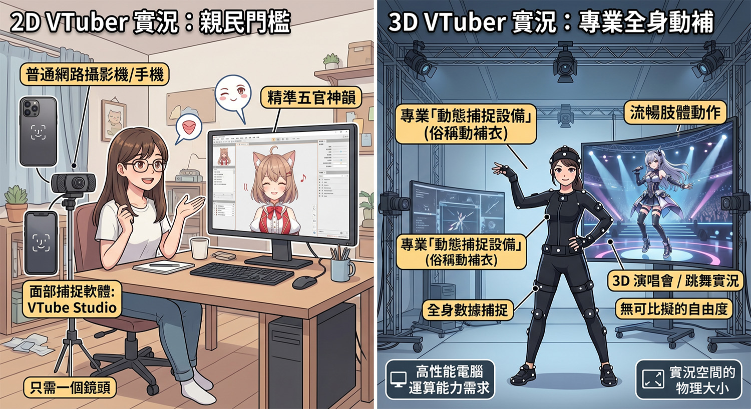 2D與3D VTuber實況技術門檻大對比。（圖/Gemini生成）