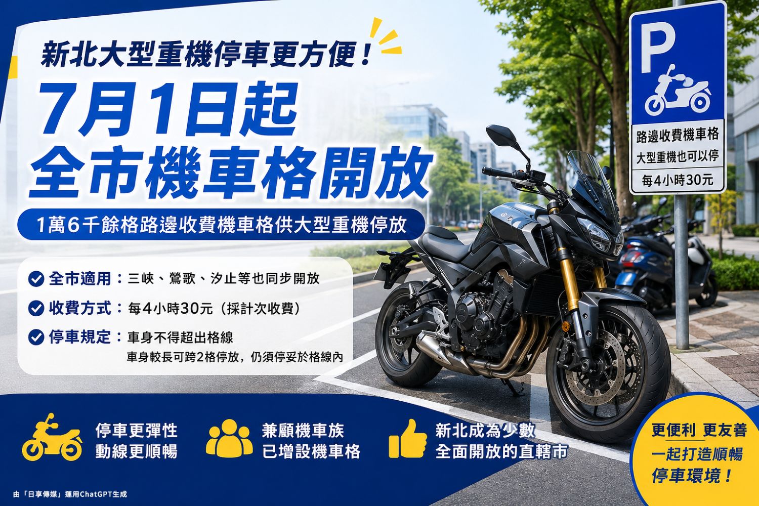 新北大型重機停車更方便！7月1日起全市路邊收費機車格全面開放｜生活｜日享傳媒 SunRiseSharing