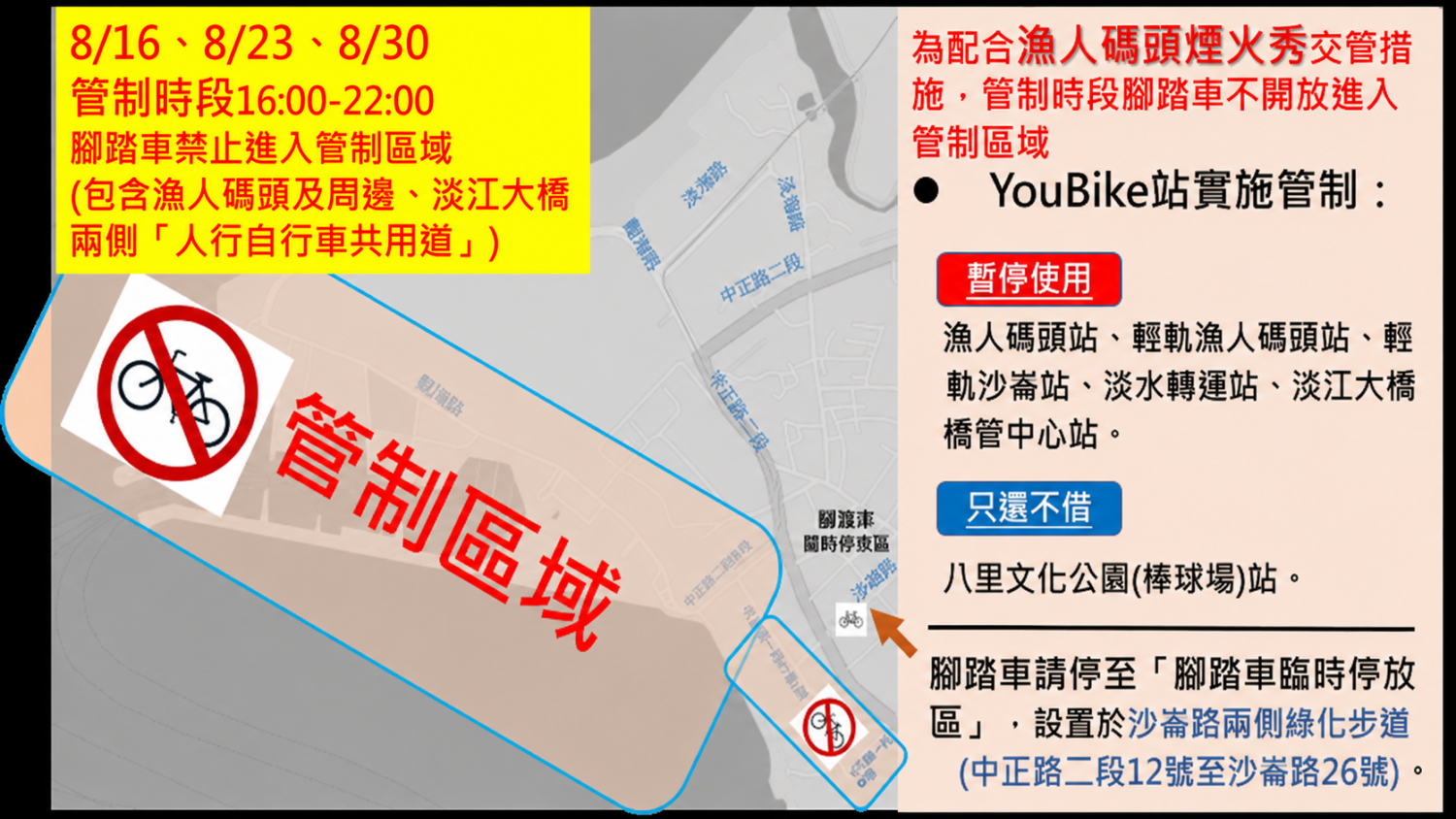 816、823、830管制時段(1600-2200)腳踏車禁止進入管制區域