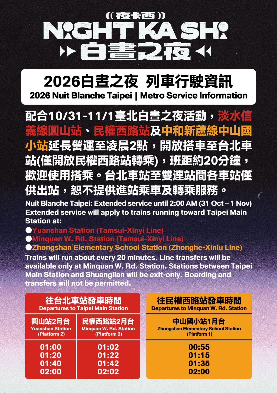 「2026臺北白晝之夜」捷運搭乘指南：北捷延長營運、各站末班車與散場說明一次看｜地方｜日享傳媒 SunRiseSharing